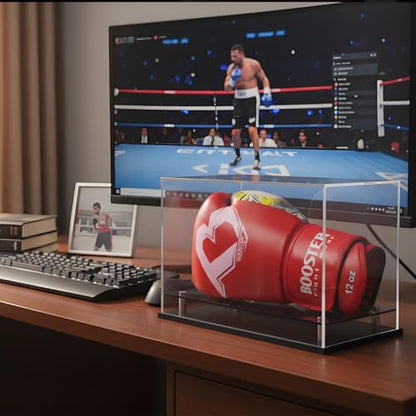 Boxing Glove Display Case,Self-Assembly Acrylic Display case for Full Size Boxing Glove,Baseball Glove Display Case Holder Showcase.Baseball Mitt Ball Football,Clear Case Black Base Riser Stand - size: 13x8.7x8.7 inch