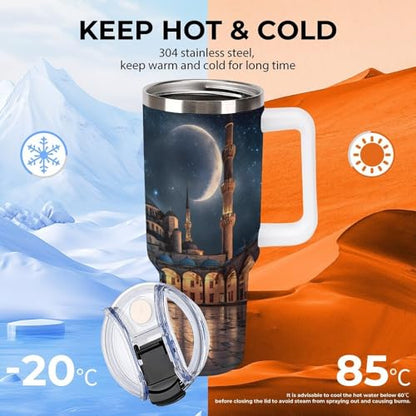 Blue Mosque Islamic Muslim Insulated Tumbler Stainless Steel Travel Coffee Mug with Lid And Straw 40oz - color: white-style