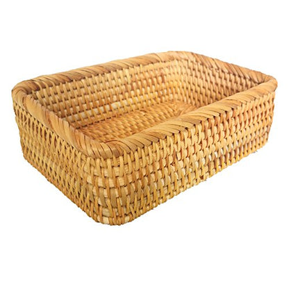 Handmade Rectangle Wicker Fruit Box Rattan Tray Magazine Organizer and Small Objects Container Serving Basket (Small) - size: Small