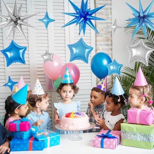 Blue Silver Star Balloons,16Pcs 22/18/10 Inch Foil Graduation Decorations - color: Blue Silver