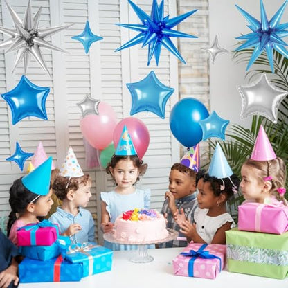 Blue Silver Star Balloons,16Pcs 22/18/10 Inch Foil Graduation Decorations - color: Blue Silver