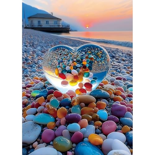 Beach Sunset Heart Jigsaw Puzzle 1000 Pieces for Adults Colorful Pebbles Coastal Scene Challenging Puzzle Games Premium 1000-Piece Puzzle for Game Night or Gift - color: Beach Sunset Heart