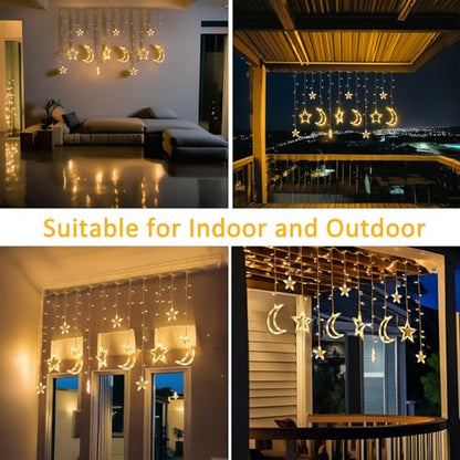 138 LED Star Moon String Lights, Warm White Fairy String Lights with 12 Hooks, Twinkle Battery Operated Lights with Remote, 8 Modes for Bedroom, Ramadan Decoration
