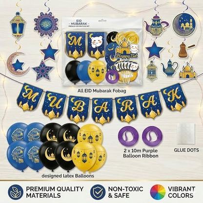 Eid Mubarak Decorations Set 72 PCS - Blue & Gold Ramadan Decorations for Home with Eid Mubarak Banner, 18 Latex Balloons, Cake Toppers & Hanging Swirls - Complete Eid Al-Fitr Party Supplies Kit