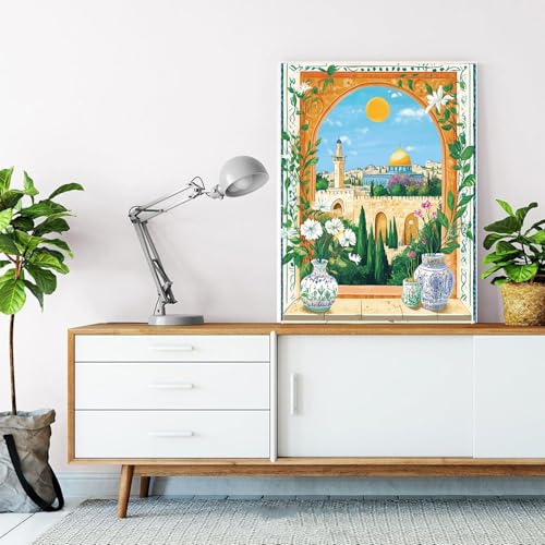 MSTINGSHUN 캔버스에 숫자로 이슬람 도시 풍경 페인트 DIY 이슬람 스타일 꽃병 페인팅 브러시 포함 아크릴 페인트 녹색 페인트 숫자로 그린 페인트 홈 데코 선물 40.6 x 50.8cm(16 x 20인치) (프레임 포함) - color: 아트워크 09, size: 16''x20''(DIY frame)