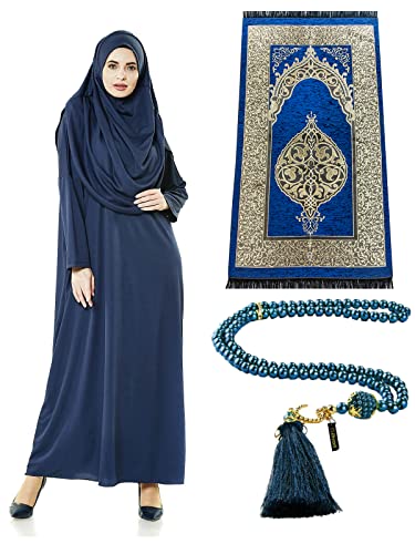 ihvan online Muslim Dresses for Women, One-Piece Prayer Dress & Prayer Rug & Beads, Islamic Gift Set for Eid Ramadan - color: Navy Blue, size: XS-XXL