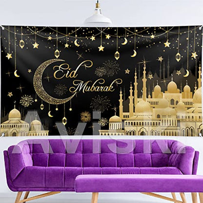 Aviski Eid Mubarak Banner 78 x 43 Inch Black Background Banners for Muslim Party Decorations
