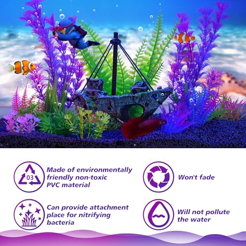 Ameliade Fish Tank Decor Set with Shipwreck Decoration, Little Diver Floating & 13 Aquatic Artificial Plants - Betta Plants & Hiding Spots for Aquariums and Small Fish Tank Accessories