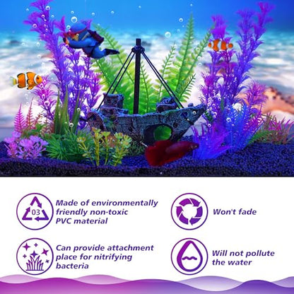 Ameliade Fish Tank Decor Set with Shipwreck Decoration, Little Diver Floating & 13 Aquatic Artificial Plants - Betta Plants & Hiding Spots for Aquariums and Small Fish Tank Accessories