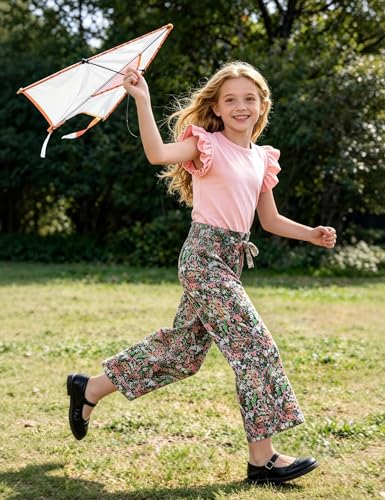 GEMLON Girls' Clothing Sets Solid Ruffle Sleeve Tank Top and Printed Wide Leg Pant 2 Piece Set Summer Outfits for Girls 5-14Y - color: Pink, size: 11-12 Years