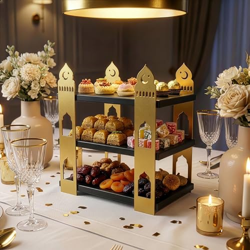 Iwa Concept Modern Metal & Wood Ramadan 3-Tier Serving Tray - Mosque Silhouette Eid Mubarak Table Centerpiece - Islamic Dessert Tower for Dates, Sweets & Pastries - Luxury Holiday Home Decor & Gift - color: Gold Black