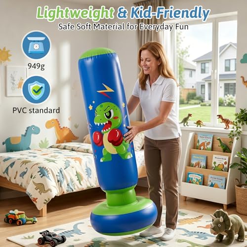 RORALA 66 Inch Inflatable Punching Bag for Kids with Boxing Gloves, Children's Boxing Bag Set Dinosaur Toy & Gifts for Boys Girls Aged 3 to 12 to Practice Karate, Taekwondo