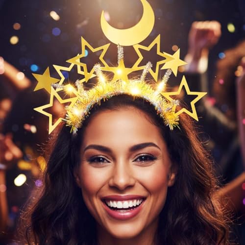 Yean Light Up Gold Moon Star Headband for Women (Gold-Warm Light, One Size) | New Years Star Headband Costume Party Hair Accessories