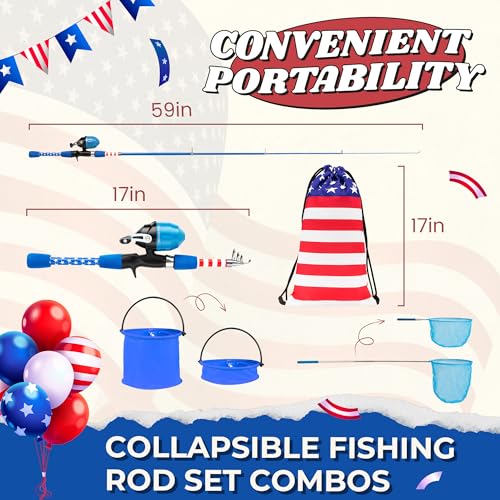 Kids Fishing Pole, Portable Telescopic Kids Fishing Poles for Boys Girls Youth, Fishing Rod and Reel Combo - color: Flag blue