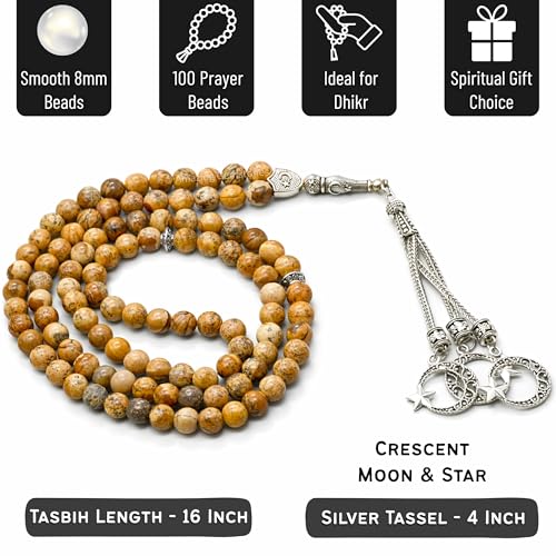 Amazing Gemstone Picture Jasper Tasbeeh with Moon and Star Charm - Certified Crystal Muslim Prayer Beads Natural Gemstone Tasbih Gift for Ramadan Dhikr and Daily Namaz (S) - color: Picture Jasper