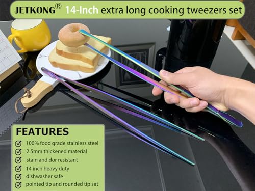 JETKONG 2 Pcs 14-Inch Culinary Tweezers Extra Long Food Tweezers Kitchen Tweezer Tongs for Cooking Grilling and BBQ (Rainbow) - color: Rainbow, size: 14+14 Inch
