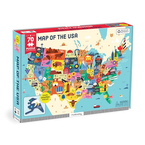 Mudpuppy Map Of The USA – 70 Piece Geography Puzzle with State-Shaped Pieces and Iconic Landscapes Cultural Items And More - style: Map of the USA