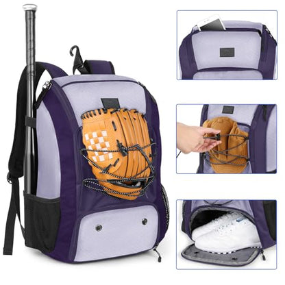 MATEIN Baseball Backpack, Softball Bat Bag with Shoes Compartment for Youth, Boys and Adult, Lightweight Baseball Bag with Fence Hook Hold TBall Bat, Batting Mitten, Helmet, Caps, Teeball Gear - color: Purple, size: 47L