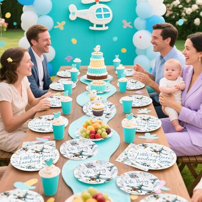 Greencian 96Pcs Airplane Boy Baby Shower Decorations, Serves 24 | Airplane Baby Shower Plates and Napkins Plane Tableware Set for Boys Little Explorer Landing Soon Adventure Party Supplies - style: Airplane Baby Shower Set