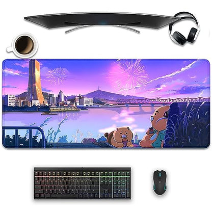 Cartoon Bear Large Desk Mat, Fireworks Theme - Gaming Mouse Pad for Computer, Office, Home (27.5x11.8 in) - color: Fireworks and Bears
