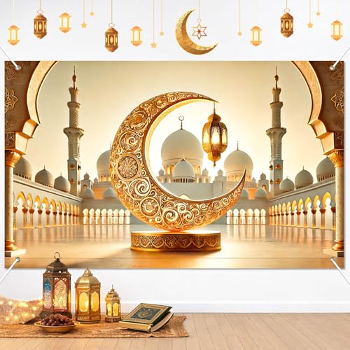 BlissYard Eid Ramadan Banner 71x43 Inch Golden Crescent Moon and Lantern Backdrop with White Mosque Architecture Scene Islamic Wall Decoration for Muslim Party Ramadan Kareem Mubarak Celebration - color: Eid Decor #0001