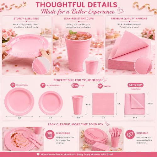 Tinybee 352 Pcs Pink Plastic Plates, Disposable Dinnerware Set for 50 - color: Pink