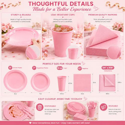 Tinybee 352 Pcs Pink Plastic Plates, Disposable Dinnerware Set for 50 - color: Pink