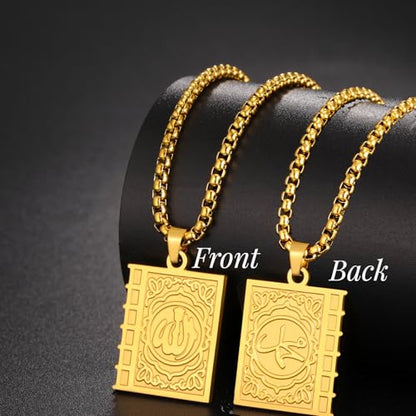 Islamic Necklace Double Sided Quran Book Muhammad Prophet Allah Pendant Arabic Calligraphy Ayatul Kursi Muslim Religious Jewelry Islam Eid Ramadan Gift for Men Women - color: gold