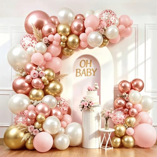 Rose Gold Pink Balloon Arch Kit, Double Stuffed Pearl White Rose Gold Metallic Light Pastel Pink Balloons Garland Kit for Birthday Bridal Shower Wedding Party Decorations - color: Rose Gold Light White