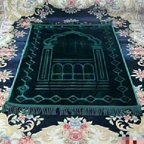 Thick Flannel Muslim Prayer Rug Embossed Turkish Prayer Carpet Islam Prayer Mat Rosary Beads for Men Women Islamic Janamaz Great Ramadan Eid Gift Elegant Sajadah with Tassel Salat Rug 80x120cm - color: Green