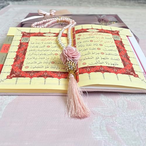 Prayer Mat Set for Women, Muslim Prayer Rug, Prayer Mat, Islamic Finger Counter, Prayer Beads, Surah Book with Bag, Islamic Gift Set for Ramadan & Eid (Pink)