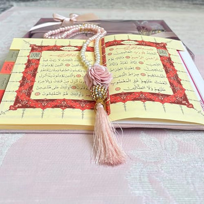 Prayer Mat Set for Women, Muslim Prayer Rug, Prayer Mat, Islamic Finger Counter, Prayer Beads, Surah Book with Bag, Islamic Gift Set for Ramadan & Eid (Pink)