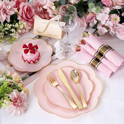 Supernal Gold Plastic Silverware Set with Pre Rolled Pink Napkin-Disposable Cutlery with Pink Linen Napkin Gold, Wrapped Plastic Silverware Heavy Duty Suit for Birthdays, Parties, Weddings 30Packs - color: Pink and Gold, size: 30 Pack
