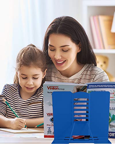 MSDADA Desk Book Stand Metal Reading Rest Book Holder Adjustable Cookbook Documents Holder Portable Sturdy Bookstands for Recipes Textbooks Tablet Music Books with Page Clips (Blue) - color: Blue