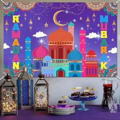 HOWAF Ramadan Mubarak Backdrop Banner, Eid Mubarak Party Decoration Background Banner for Eid Holiday Party Supplies, Purple Ramadan Kareem Supplies Hanging Banner Poster for Photo