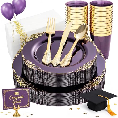 Nervure 175PCS Clear Purple Plastic Plates - Purple Party Plates Set for 25 Guests Include 25Dinner Plate, 25Dessert Plate, 25Cups, 75 Cutlery, 25Napkins Perfect for Wedding, Party & Bridal - color: Transparent Purple, style: 175Pcs(25Guests)