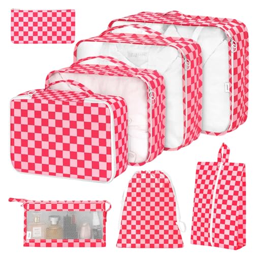 8 Set Packing Cubes for Suitcases,Packing Cube with Shoe,Cosmetics,Clothing, and Accessories Bags Packing Cubes for Travel Luggage Organizer Women Men(Rose Checkered) - color: Rose Checkered