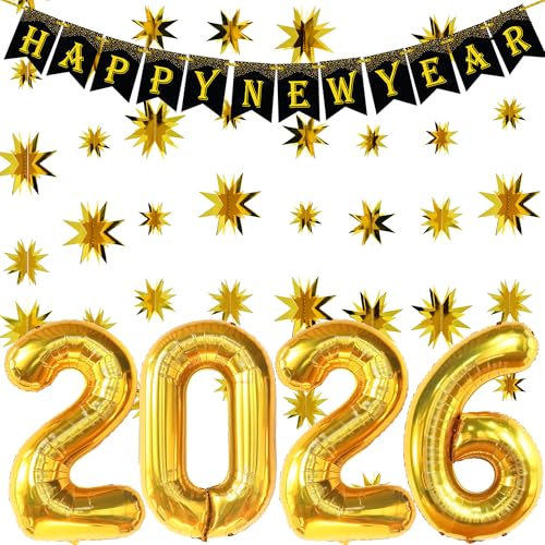 KatchOn, Pack of 8, 3D Gold Star Garland Decorations | Star Hanging Decorations for New Year Decor 2026 with New Years Eve Party Supplies| 2026 Balloons Gold | Happy New Years Decorations 2026