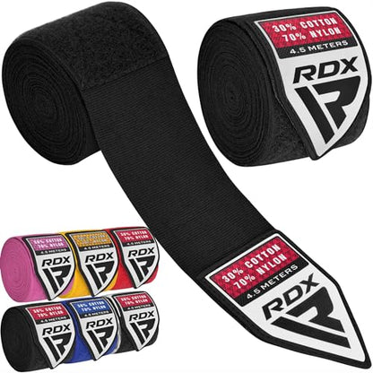 RDX Boxing Hand Wraps 4.5M / 180 Inches – Mexican Style Semi-Elastic MMA Inner Gloves - Wrist Support for Muay Thai, Kickboxing, BJJ, Karate - Thumb Loop & Hook and Loop Closure - Cotton & Nylon Blend - color: Black