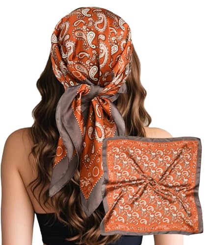 Sumolux Head Hair Scarf for Women Like Satin Silk Scarf Bandana Hair Wrapping Night Large Square Scarves 27.5" - color: Brick Red Cashew Nuts