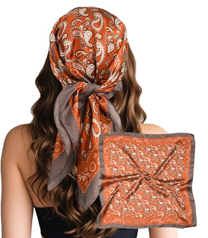 Sumolux Head Hair Scarf for Women Like Satin Silk Scarf Bandana Hair Wrapping Night Large Square Scarves 27.5" - color: Brick Red Cashew Nuts