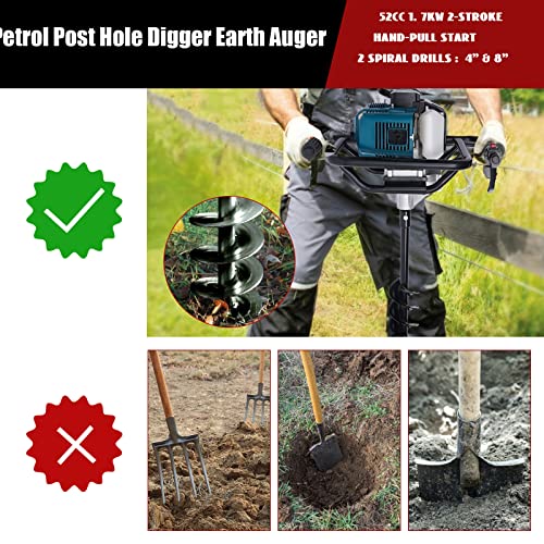 Auger Post Hole Digger, Gas Powered Earth Post Hole Digger Post Holes Earth Digger Petrol Drill Borer Bulb Planting Drill Fence Hole Maker Machine (52CC 2.3HP 1.7KW) - size: 52CC 2.3HP 1.7KW