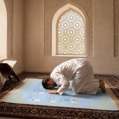 Prayer Mat with Instructions, Suede Muslim Prayer Rug for Beginners | suede prayer mat with Arabic, English, and transliteration guidance for home, school, travel, kids, and reverts. - color: Blue