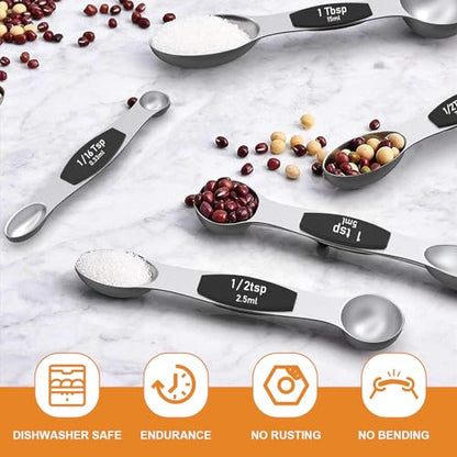 Wildone Stainless Steel Magnetic Measuring Spoons with Strong Magnets, 14pc | Including 8 Double Sided Magnetic Measuring Spoons, Leveler and 5 Mini Spoons for Spice Jar and Liquid Measuring, Black - color: Black