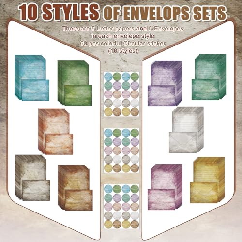 TaoBary 160 Pcs Stationery Paper Set 50 Double Sided Stationery Papers with 50 Matching Envelopes and 60 Round Dot Sticker, 10 Design (Vintage,8.25 x 5.5 Inch) - size: 8.25 x 5.5 Inch, style: Vintage