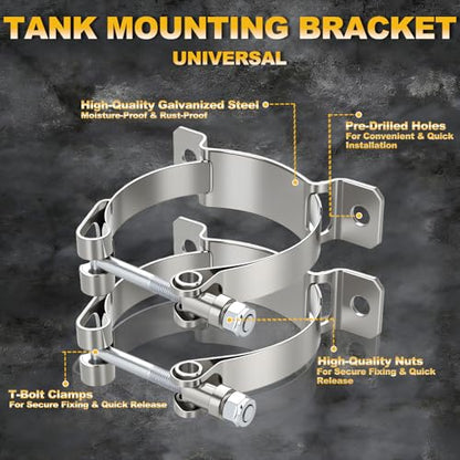 Lounsweer 2 Pcs Universal Tank Mounting Bracket Mounted Adjustable Pipe Hose Clamp Galvanized Steel Fuel Hose Clamp Features Locking Nut for All 3" to 3.25" Diameter Coolant Propane Tanks Holder