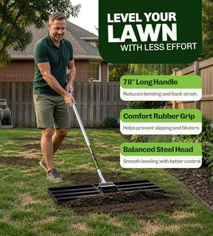 Gardease Lawn Leveling Rake, 30" x 10", Heavy Duty Steel Lawn Leveler | 2mm reinforced steel resists bending. Powder-coated rust protection. Easy 3-piece assembly. Lifetime replacement guarantee.