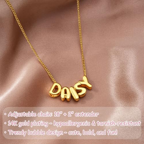 Ldurian Personalized Bubble Name Necklace, Tiny Name Plate Pendant Necklace, 14K Gold Plated Charm Cute Pre-made Jewelry for Women - size: 10 Adeline