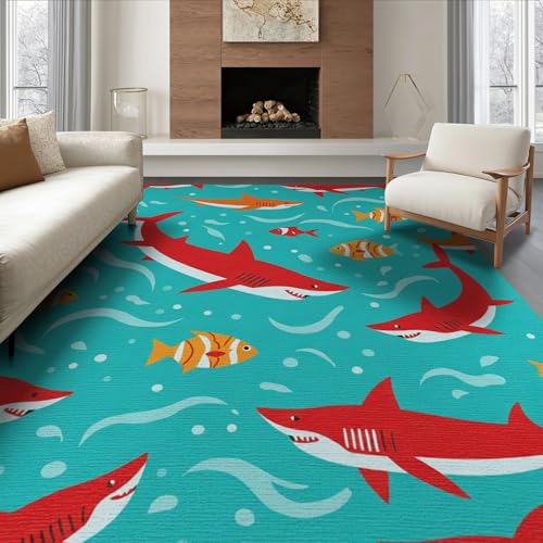 8'x10' Washable Flatwoven Rug, Turquoise Graphic Fish Stain Resistant Extra Large Carpet for Dining Room, Large Office, Lounge, Non-Slip Chair-Friendly Mat | Ref:2070035 - color: Blue/Pattern 12, size: 8' x 10' (Rectangular)