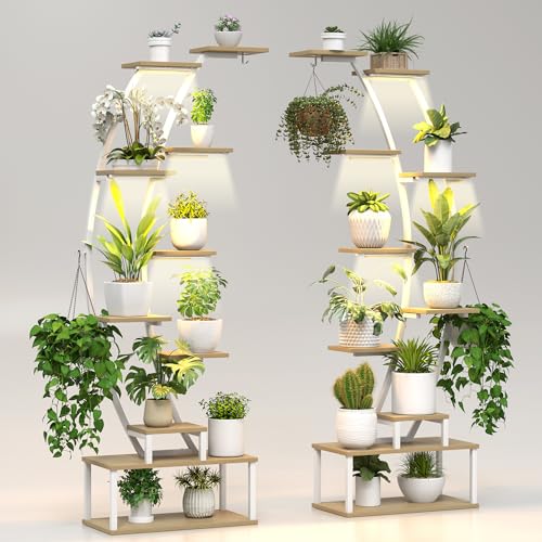 Plant Stand Indoor with 8 Grow Light,65" Tall 10 Tier White Half Moon Shelf | 2 Pack Large Lighted Plant Stand Shelf Rack, Big High Circular Arch Multi Herb Holder with Built in LED Grow Light Set - color: Light Brown Board White Metal 10 Tier 2 Pack